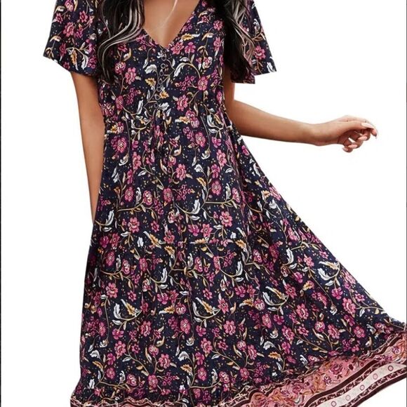 NEW! Pretty Bohemian Design Floral Print Ruffled Hem V Neck Long Fit Flare Skate - Picture 1 of 6